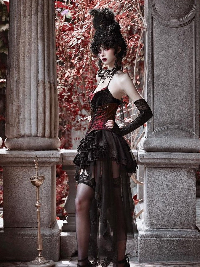 BLOOD SUPPLY Gothic Velvet Boned Corset Spaghetti Strap Women's Polyester Jsk / Jumper Skirts