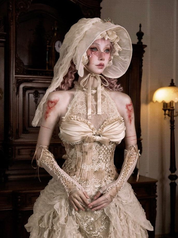 BLOOD SUPPLY Rococo Vintage Fishbone Lace Halter Mesh Puff Sleeve Women's Lyocell Bustiers