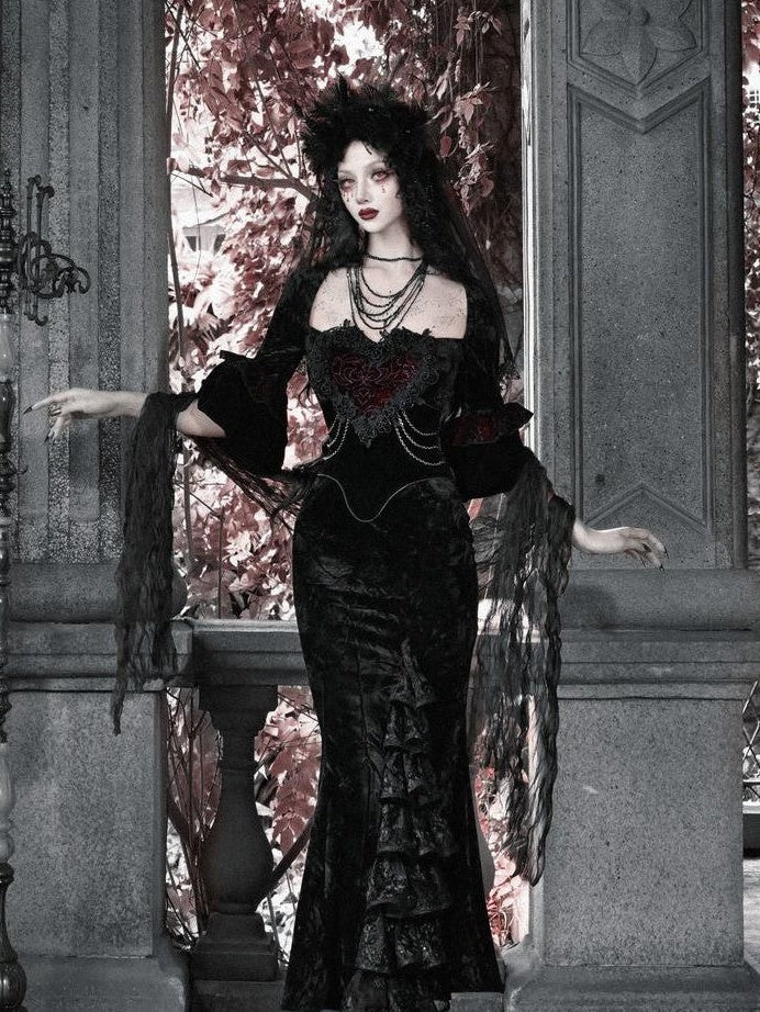 BLOOD SUPPLY Scarlet Gothic Velvet Bustier Mermaid Beaded Women's Polyester Long Sleeve Op