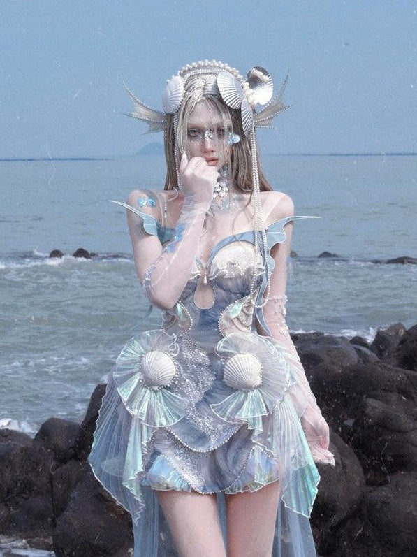 BLOOD SUPPLY Mermaid Lace Up Iridescent Corset Sequin Women's Polyester Jsk / Jumper Skirts