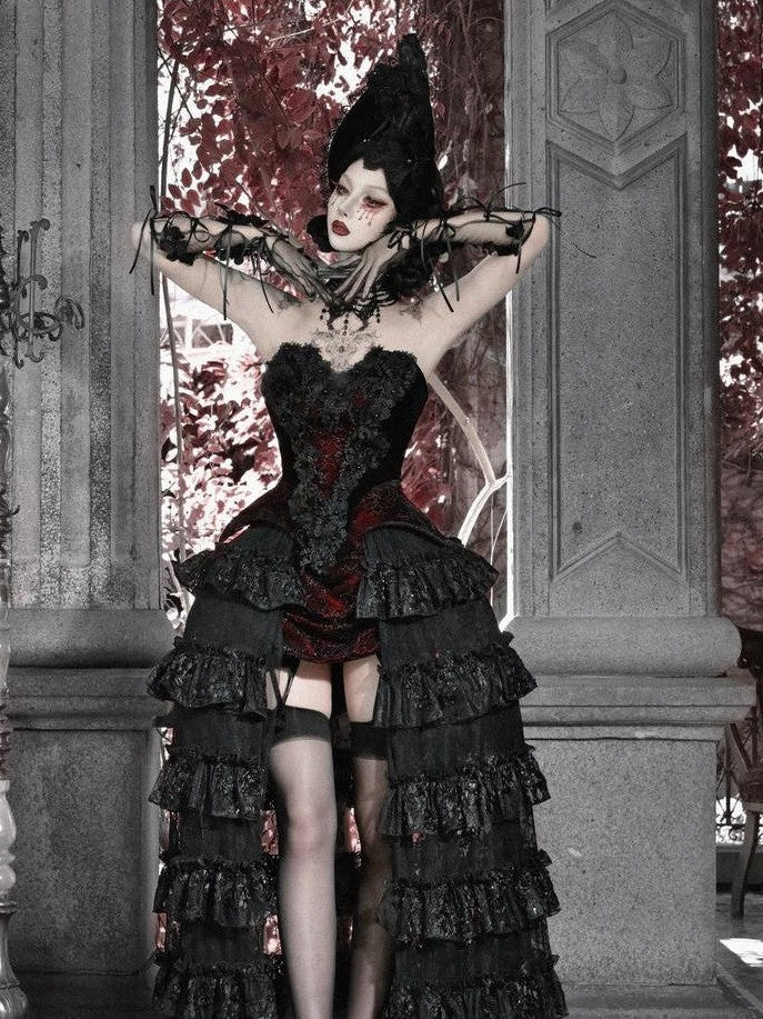 BLOOD SUPPLY Crimson Velvet Gothic V-neck Zipper Heart Details Women's Polyester Bustiers
