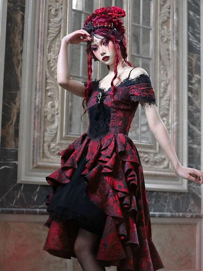 BLOOD SUPPLY Black Red Brocade Gothic Off Shoulder Women's Polyester Jsk / Jumper Skirts