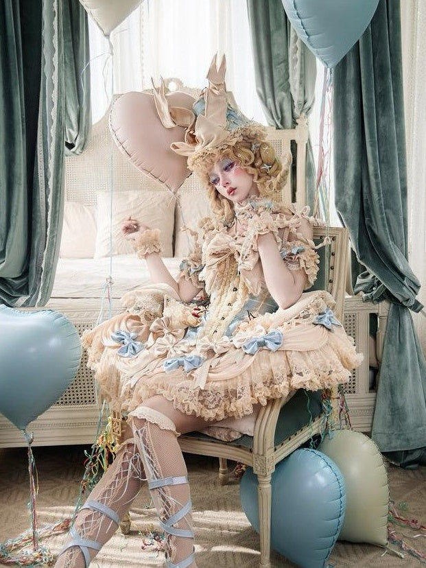BLOOD SUPPLY Milk Blue Rococo Vintage Lace Tiered Bow Women's Lace Polyester Skirts