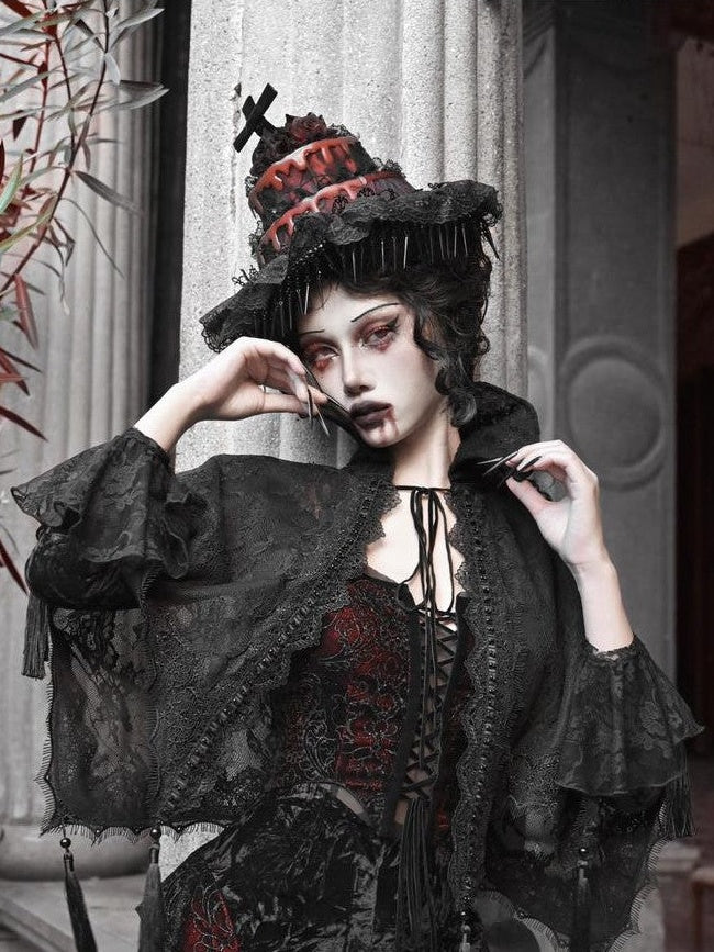 BLOOD SUPPLY Crimson Gothic Batwing Black Red Slim Shimmer Mermaid Women's Long Sleeve Op