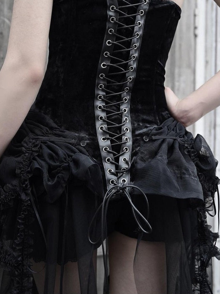 BLOOD SUPPLY Gothic Fishbone Cage Lace Up Bow Detail Women's Velvet Bustiers