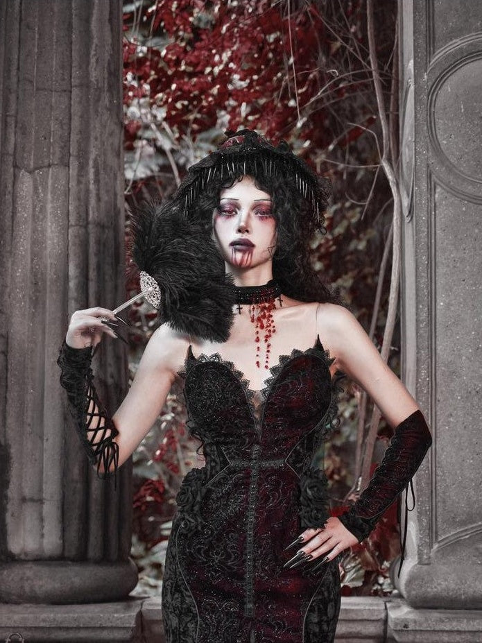 BLOOD SUPPLY Crimson Gothic Shimmering Heart Velvet Fishtail Women's Jsk / Jumper Skirts