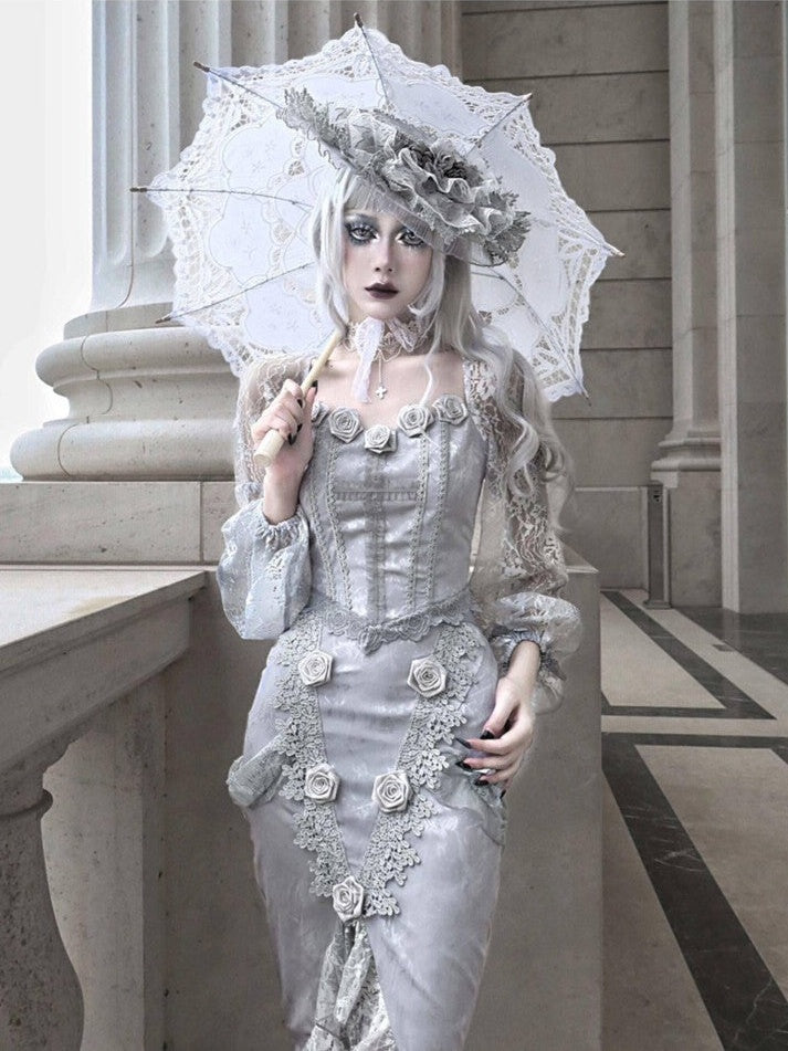 BLOOD SUPPLY Rose Funeral Distressed Jacquard Gothic Slit Mermaid Women's Lace Skirts