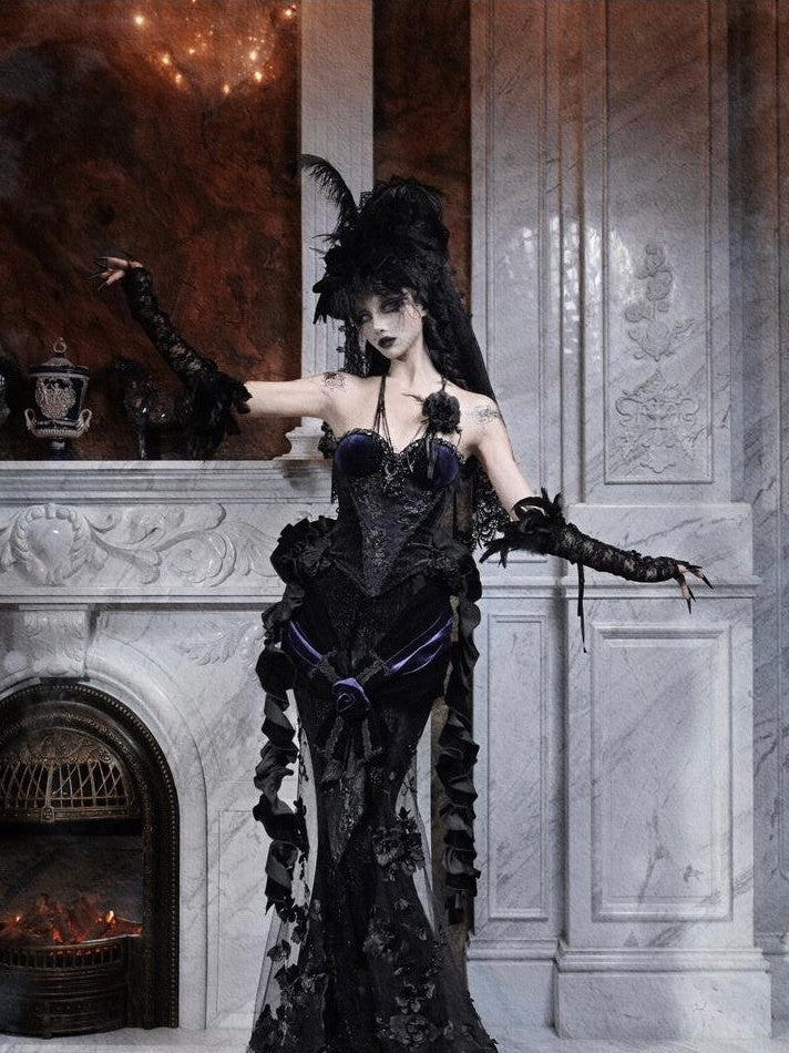 BLOOD SUPPLY Gothic European Rhinestone Removable Ruffle Fitted Women's Velvet Bustiers
