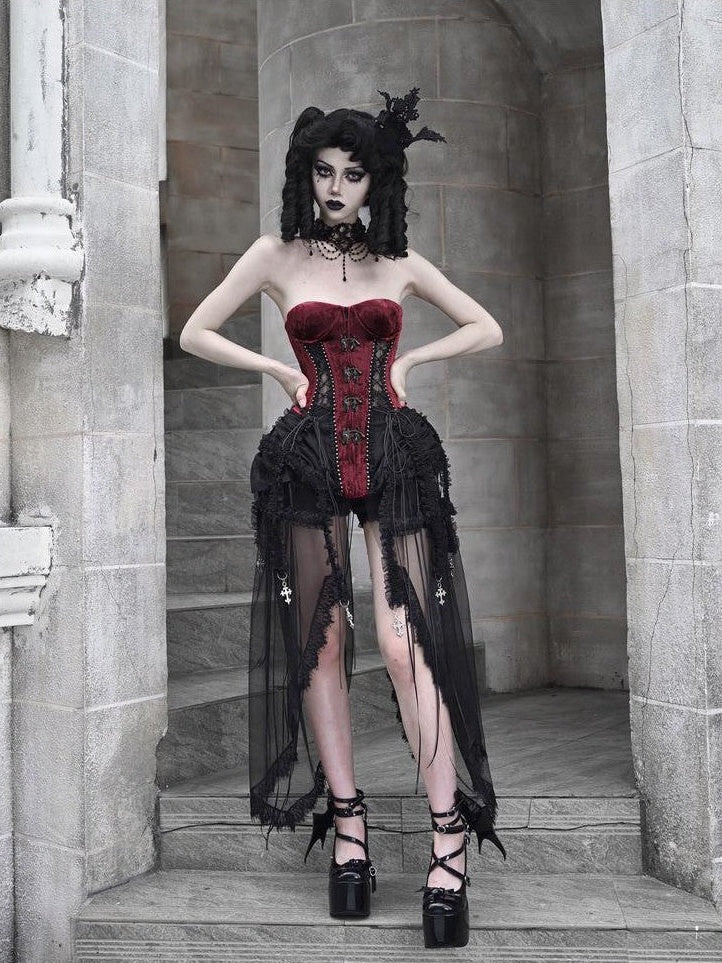BLOOD SUPPLY Black Red Gothic Heavy Boned Lace Up Cage Women's Polyester Bustiers