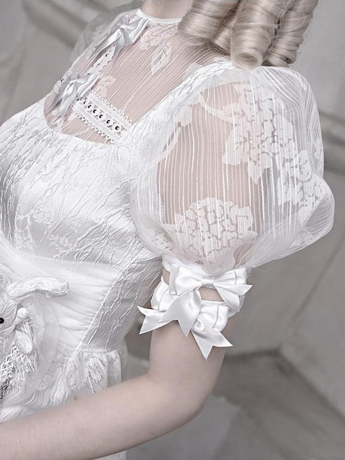 BLOOD SUPPLY White Gothic 3d Tulle Puff High Waist Aline Women's Polyester Short Sleeve Op