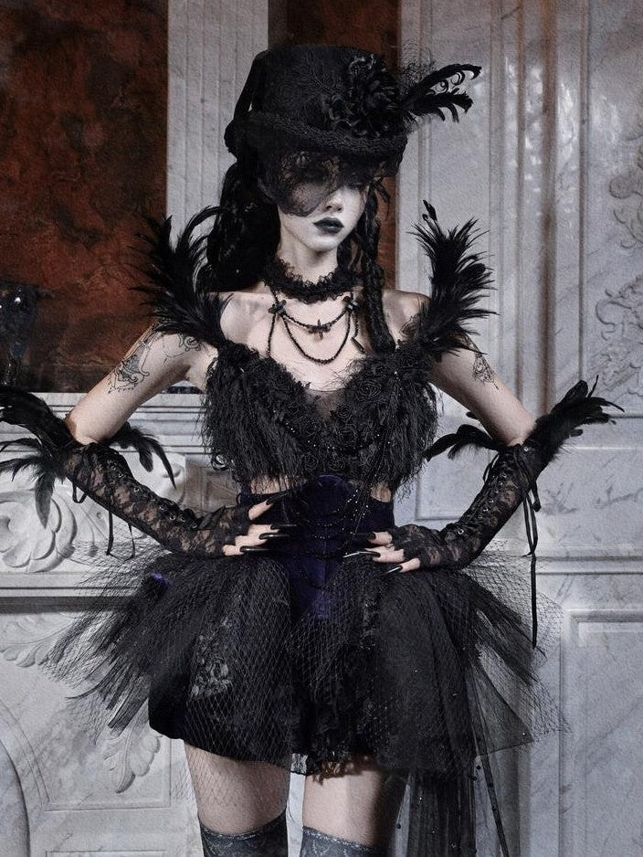BLOOD SUPPLY Embroidered Sparkle Black Feather Removable Train Women's Jsk / Jumper Skirts