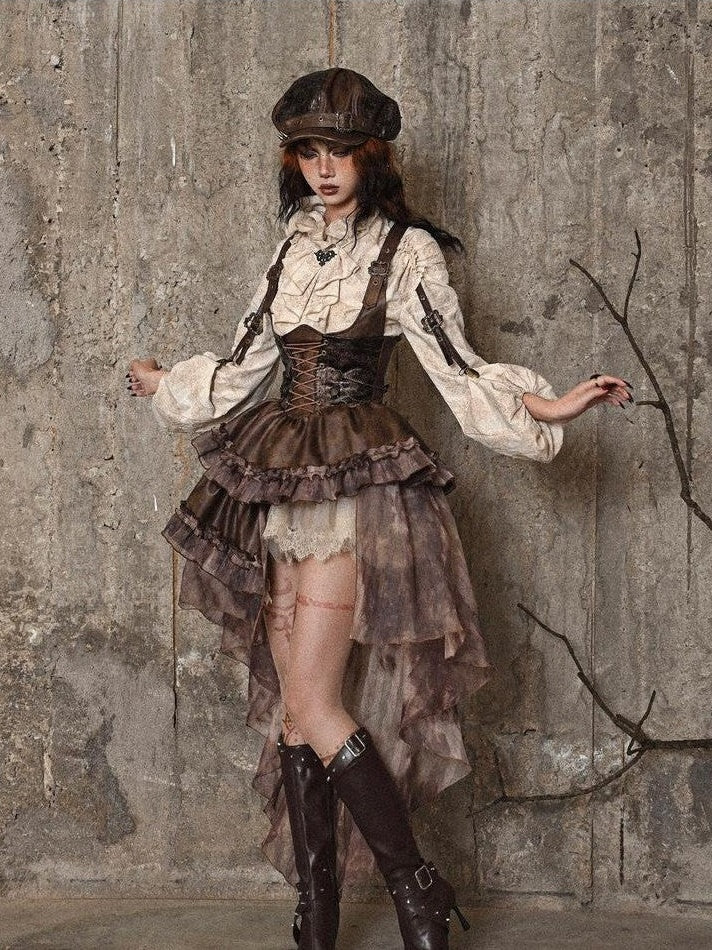 BLOOD SUPPLY Asymmetric Steampunk Tie Pu Bustier Detachable Train Women's Jsk / Jumper Skirts