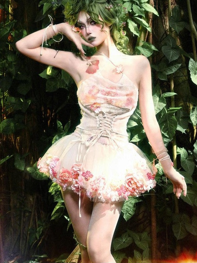 BLOOD SUPPLY Forest Faux Floral Chiffon Camisole Slim Women's Polyester Jsk / Jumper Skirts