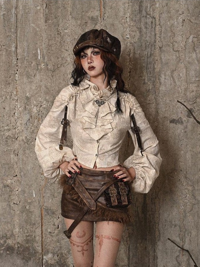 BLOOD SUPPLY Distressed Jacquard Ruffle Stand Collar Women's Cotton Linen Long Sleeve Blouses