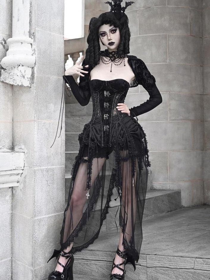 BLOOD SUPPLY Gothic Fishbone Cage Lace Up Bow Detail Women's Velvet Bustiers