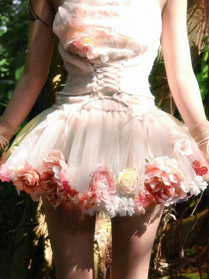 BLOOD SUPPLY Forest Fairy 3d Floral Tulle Hand Sewn Women's Polyester A-line Petticoats