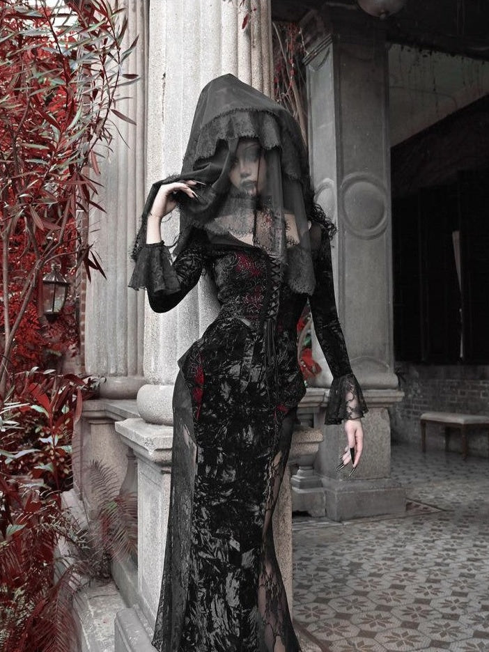 BLOOD SUPPLY Crimson Gothic Batwing Black Red Slim Shimmer Mermaid Women's Long Sleeve Op
