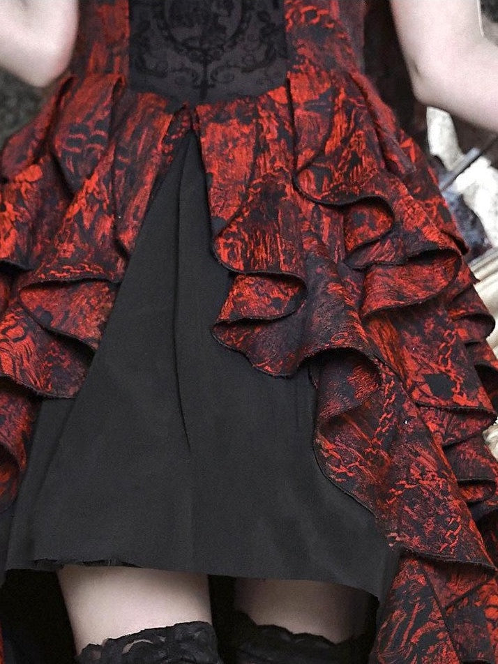 BLOOD SUPPLY Black Red Brocade Gothic Off Shoulder Women's Polyester Jsk / Jumper Skirts
