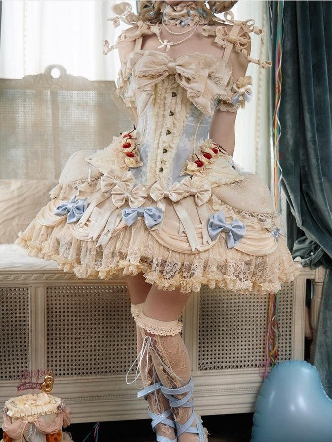 BLOOD SUPPLY Milk Blue Rococo Vintage Lace Tiered Bow Women's Lace Polyester Skirts
