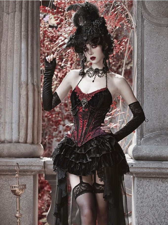 BLOOD SUPPLY Gothic Velvet Boned Corset Spaghetti Strap Women's Polyester Jsk / Jumper Skirts