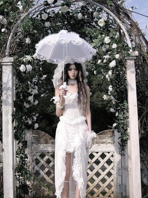 BLOOD SUPPLY White Gothic Lace Tulle Drawstring Women's Polyester Jsk / Jumper Skirts
