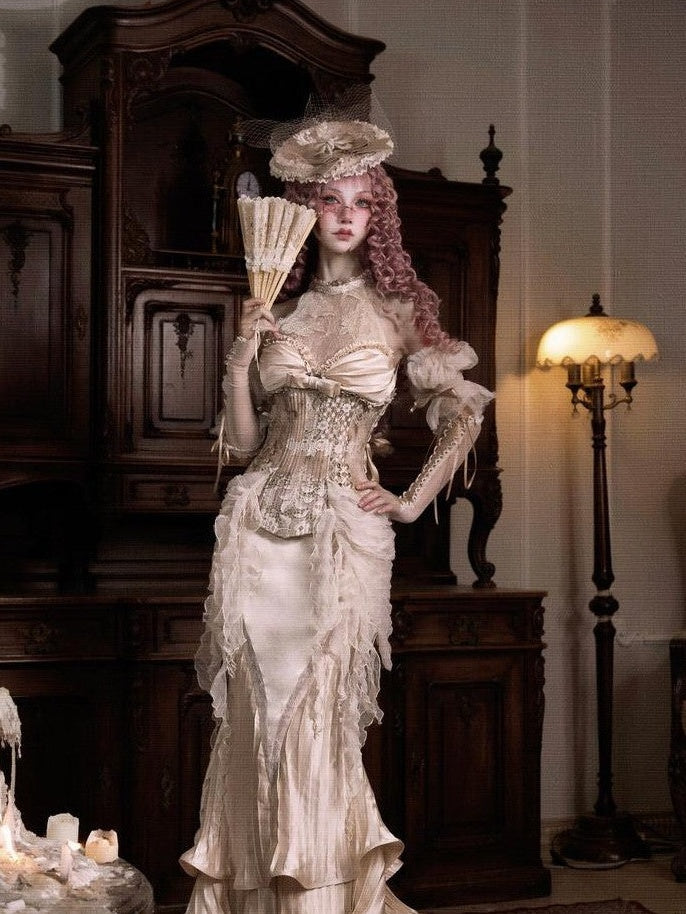 BLOOD SUPPLY Rococo Vintage Fishbone Lace Halter Mesh Puff Sleeve Women's Lyocell Bustiers