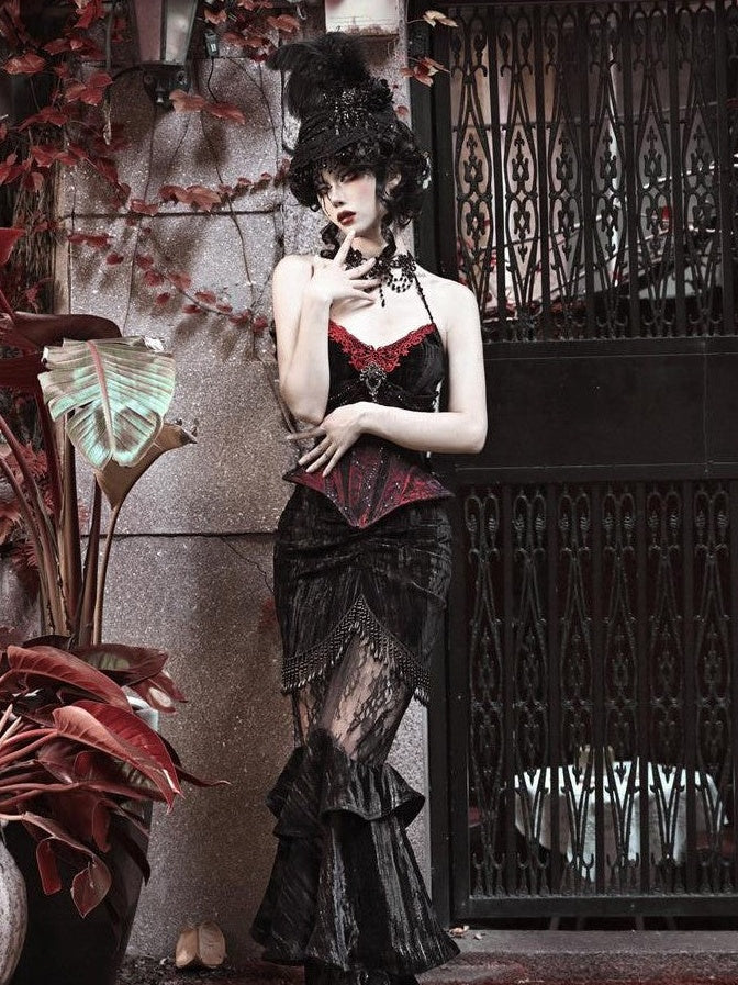 BLOOD SUPPLY Velvet Gothic Lace Slim Fit Mid Waist Women's Polyester Fishtail Skirts