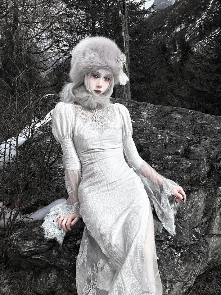 BLOOD SUPPLY White Gothic Jacquard Lace Fishtail Qipao Women's Velvet Long Sleeve Op