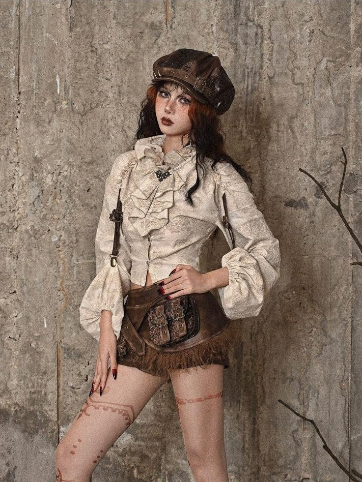 BLOOD SUPPLY Distressed Jacquard Ruffle Stand Collar Women's Cotton Linen Long Sleeve Blouses
