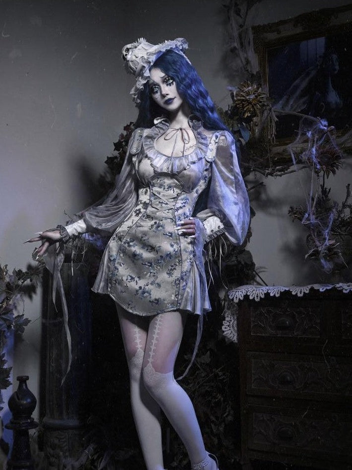 BLOOD SUPPLY Zombie Bride Gothic Tie Dye Distressed Women's Chiffon Long Sleeve Blouses