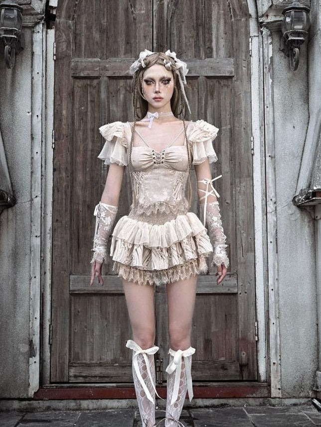 BLOOD SUPPLY Broken Ballet Jacquard Lace Tiered Bow Elastic Waist Women's Polyester Skirts