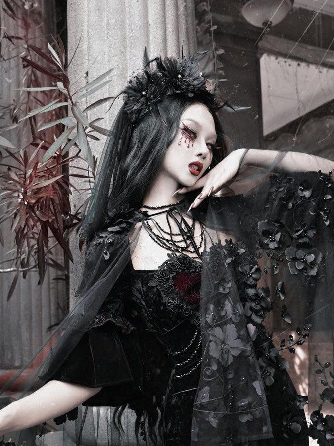 BLOOD SUPPLY Scarlet Gothic Velvet Bustier Mermaid Beaded Women's Polyester Long Sleeve Op