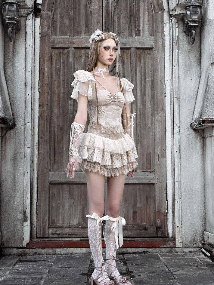 BLOOD SUPPLY Broken Ballet Jacquard Lace Tiered Bow Elastic Waist Women's Polyester Skirts
