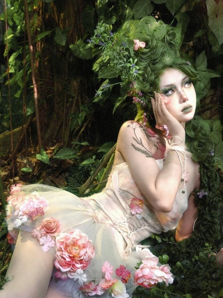 BLOOD SUPPLY Forest Faux Floral Chiffon Camisole Slim Women's Polyester Jsk / Jumper Skirts