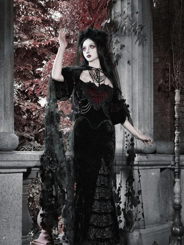 BLOOD SUPPLY Scarlet Gothic Velvet Bustier Mermaid Beaded Women's Polyester Long Sleeve Op