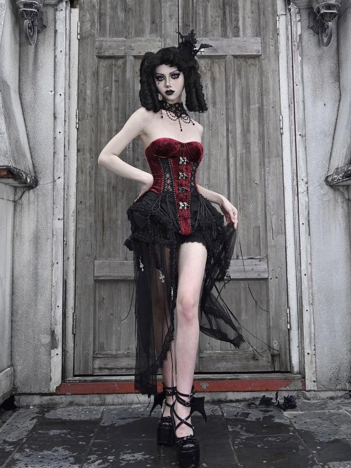 BLOOD SUPPLY Black Red Gothic Heavy Boned Lace Up Cage Women's Polyester Bustiers