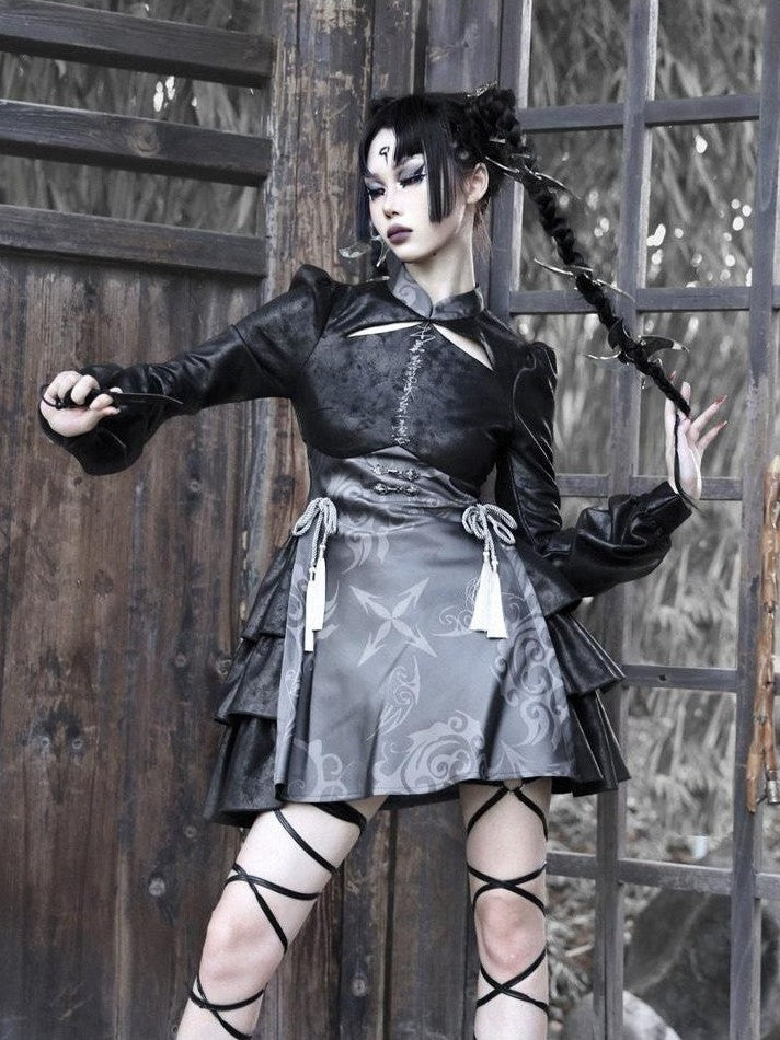 BLOOD SUPPLY Totem Jacquard Suede Patchwork High Waist Women's Polyester Long Sleeve Op