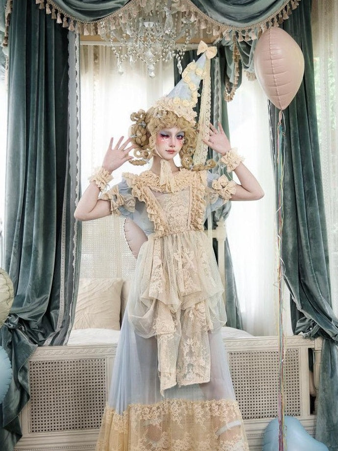 BLOOD SUPPLY Baby Blue Rococo Lace Bow Doll Women's Polyester Short Sleeve Op