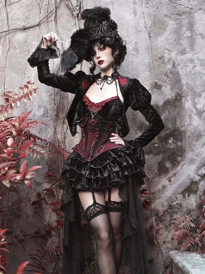 BLOOD SUPPLY Gothic Velvet Boned Corset Spaghetti Strap Women's Polyester Jsk / Jumper Skirts