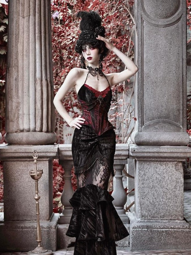 BLOOD SUPPLY Velvet Gothic Lace Slim Fit Mid Waist Women's Polyester Fishtail Skirts