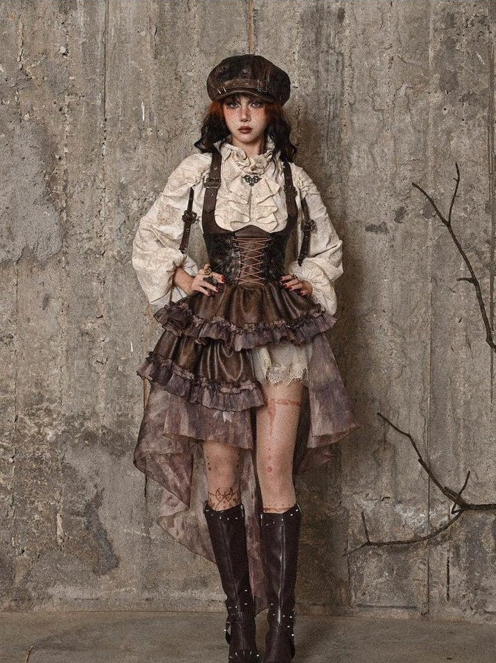 BLOOD SUPPLY Asymmetric Steampunk Tie Pu Bustier Detachable Train Women's Jsk / Jumper Skirts