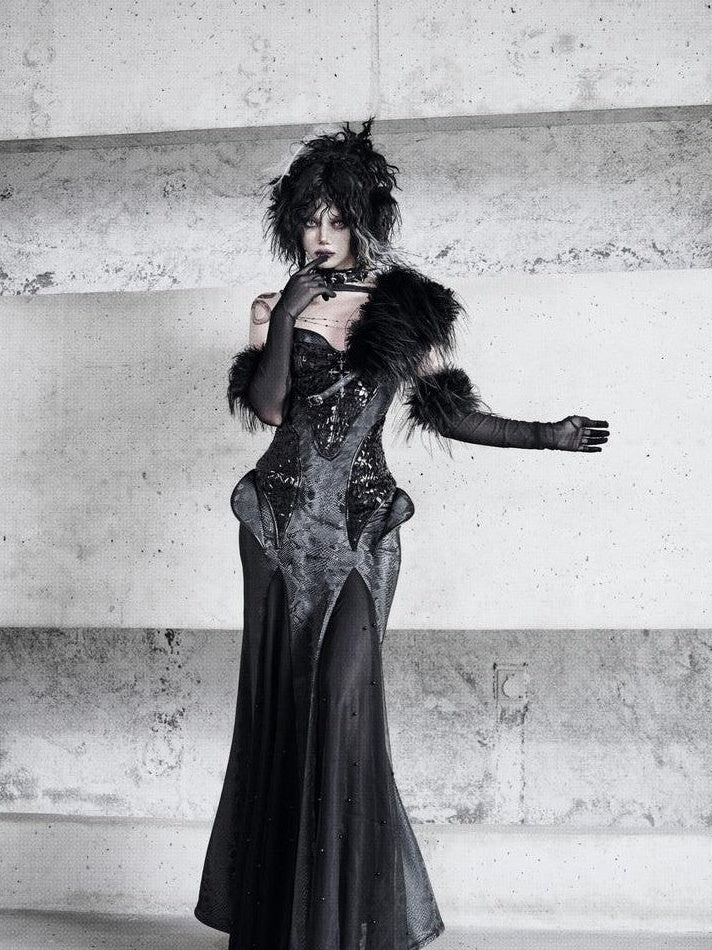BLOOD SUPPLY Snake Print Elastic Gothic Slim Strap Fishtail Women's Jsk / Jumper Skirts