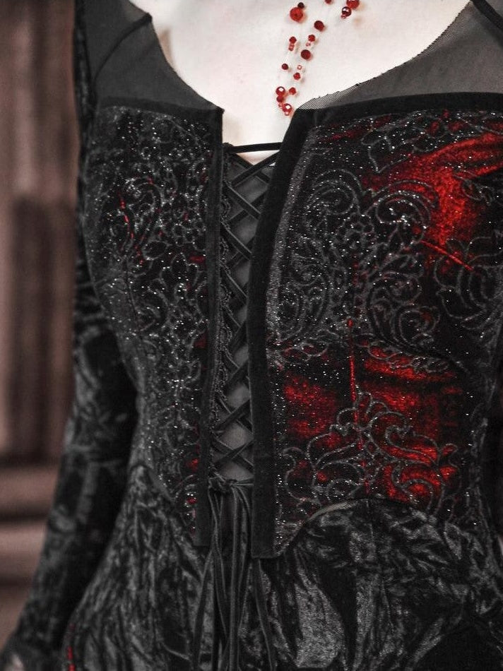 BLOOD SUPPLY Crimson Gothic Batwing Black Red Slim Shimmer Mermaid Women's Long Sleeve Op