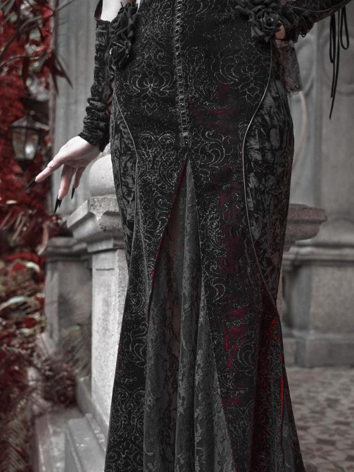 BLOOD SUPPLY Crimson Gothic Shimmering Heart Velvet Fishtail Women's Jsk / Jumper Skirts