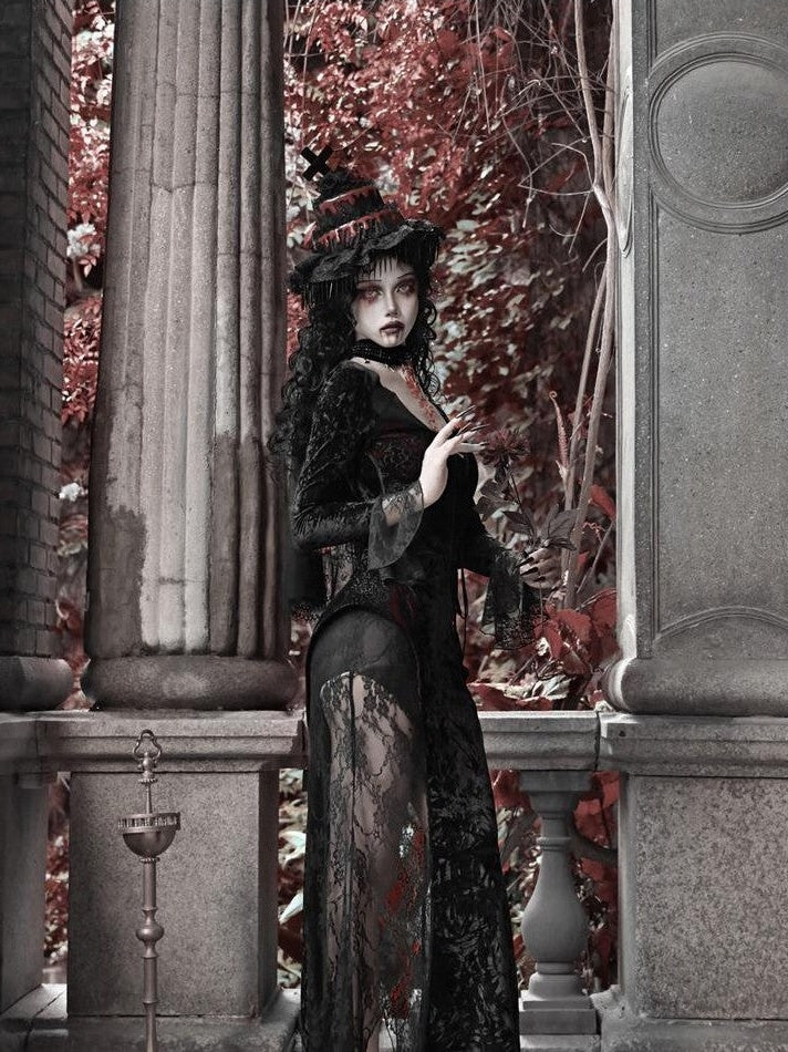 BLOOD SUPPLY Crimson Gothic Batwing Black Red Slim Shimmer Mermaid Women's Long Sleeve Op