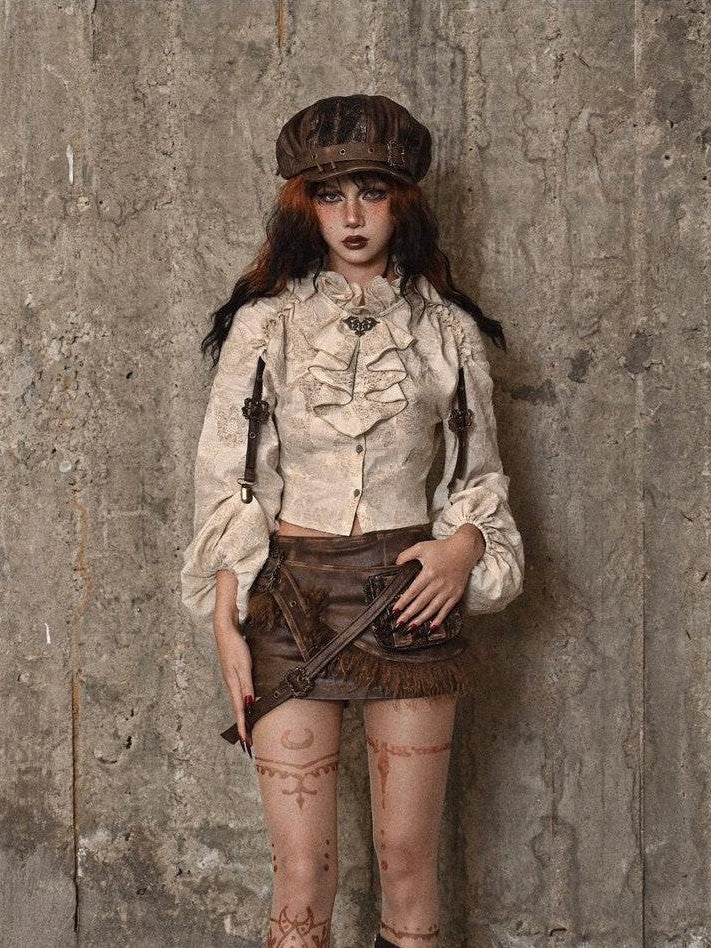 BLOOD SUPPLY Distressed Jacquard Ruffle Stand Collar Women's Cotton Linen Long Sleeve Blouses