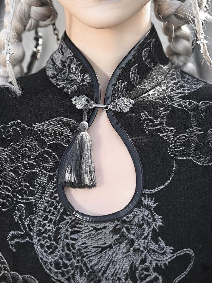 BLOOD SUPPLY Dragon Print Cutout Qipao Collar Waist Fitted Women's Denim Jsk / Jumper Skirts
