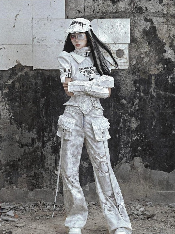 BLOOD SUPPLY Pleated Wrinkled Distressed Punk Knit Ripped Women's Cotton Linen Gloves