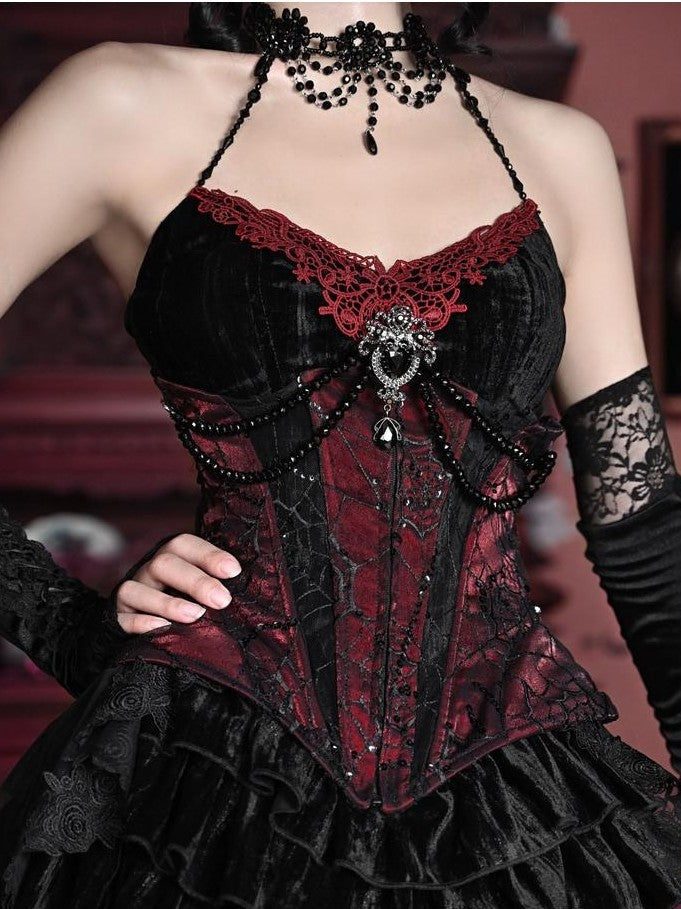BLOOD SUPPLY Gothic Velvet Boned Corset Spaghetti Strap Women's Polyester Jsk / Jumper Skirts