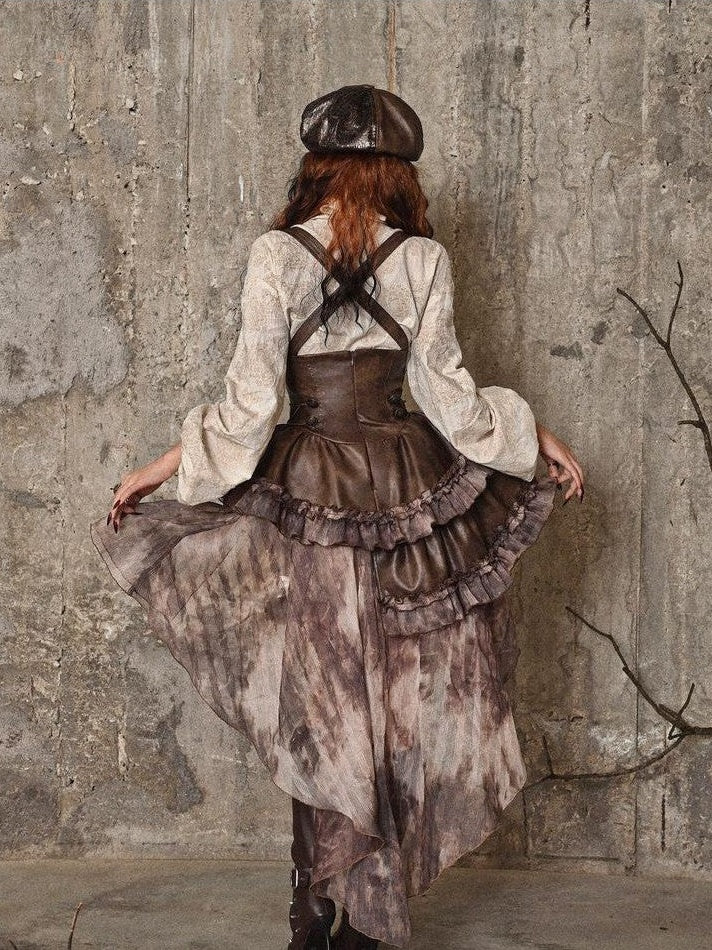 BLOOD SUPPLY Asymmetric Steampunk Tie Pu Bustier Detachable Train Women's Jsk / Jumper Skirts